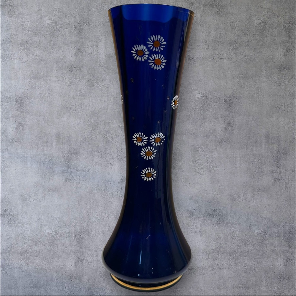Vintage Cobalt Blue Glass Vase Daisy‎ Flower Design Tall Elegant Home Decor